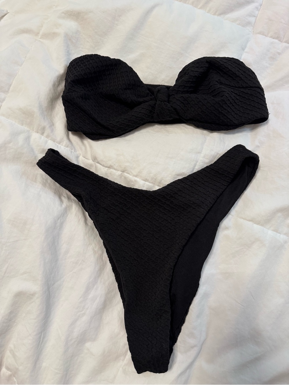 Black Textured Bandeau Bikini Set